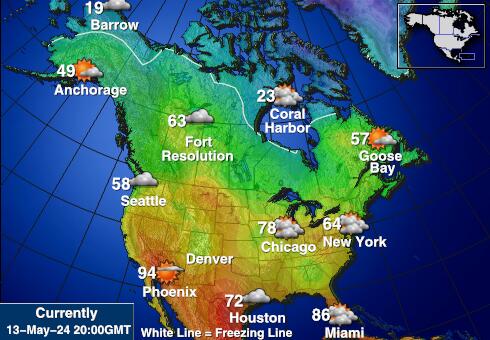 Severní Amerika Mapa počasí teplota 