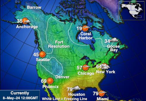 Severná Amerika Mapa teplôt počasia 