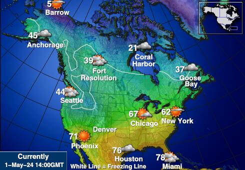 Severní Amerika Mapa počasí teplota 