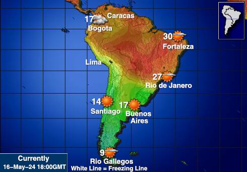 दक्षिण अमेरिका मौसम का तापमान मानचित्र 