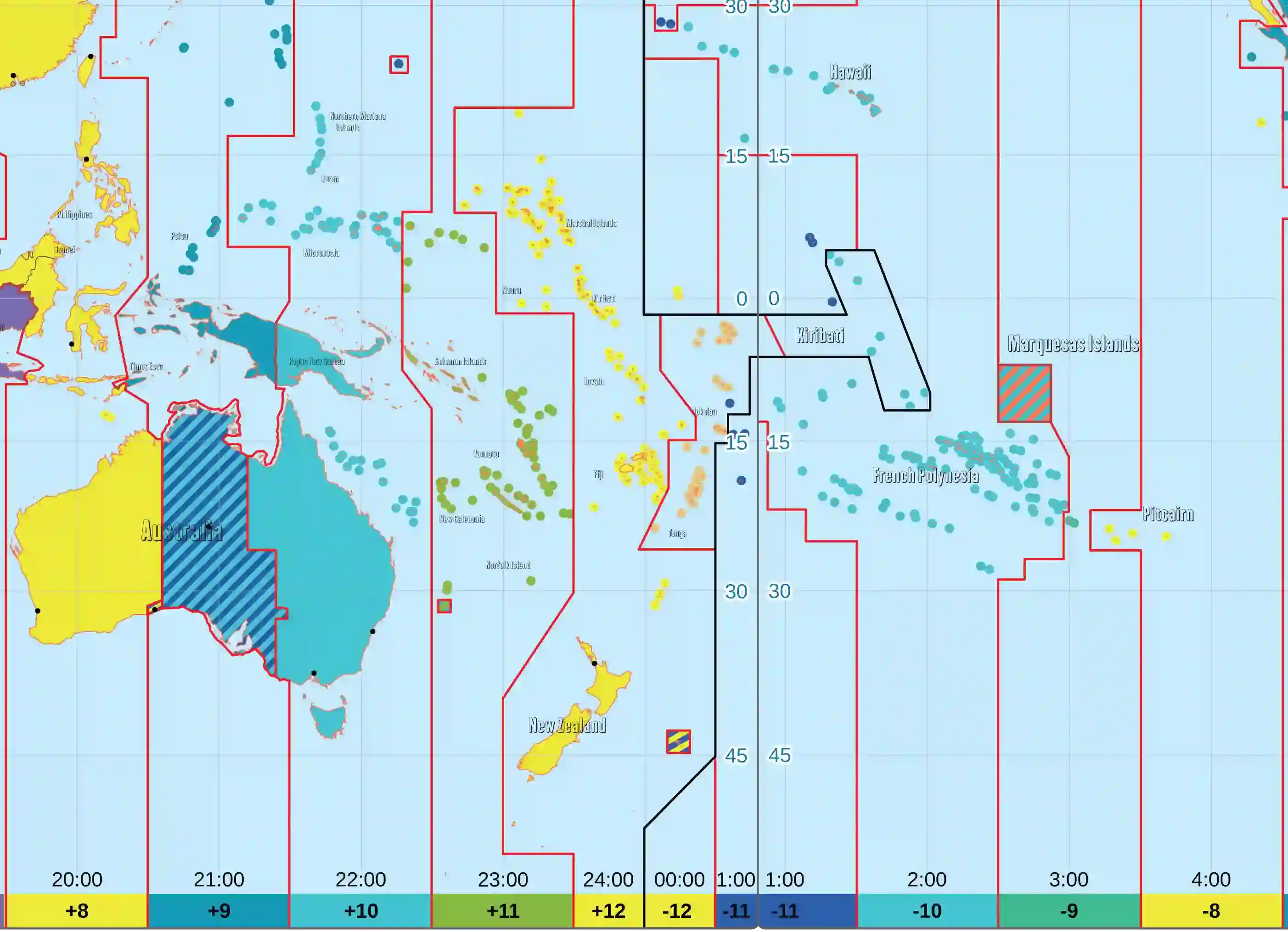 Austrálie a Oceánie mapa časových pásem