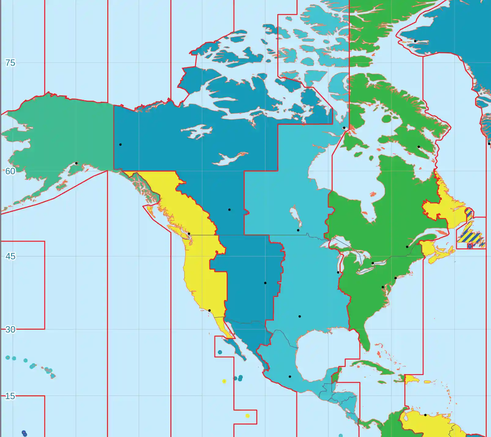 Северна Америка картографирайте часовите зони